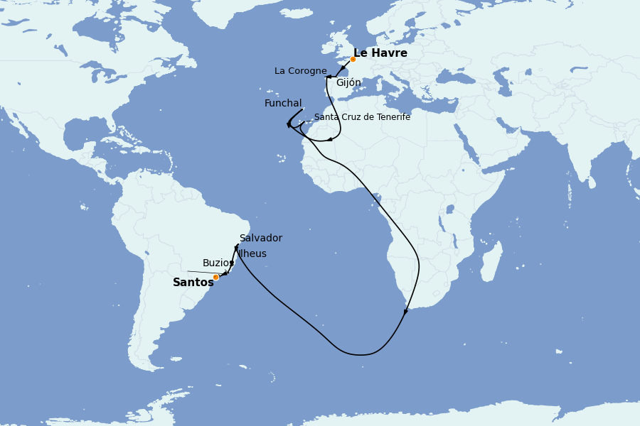 Itinéraire de la croisière TRANSATLANTIQUES ET GRANDS VOYAGES 18 jours à bord du MSC Preziosa