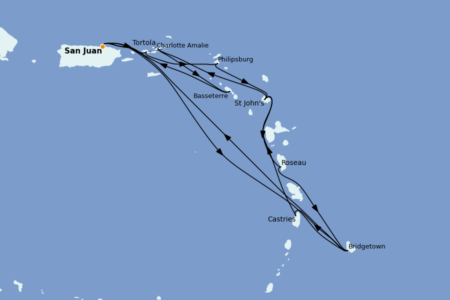 Itinéraire de la croisière Caraïbes de l'Est (Antilles) 14 jours à bord du Grand Princess