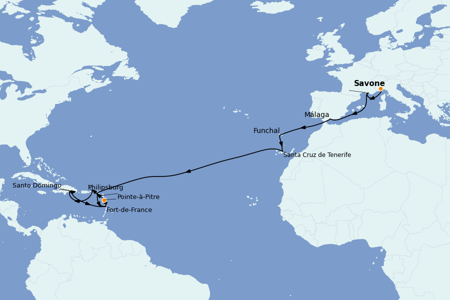 Itinéraire de la croisière TRANSATLANTIQUES ET GRANDS VOYAGES 22 jours à bord du Costa Fascinosa