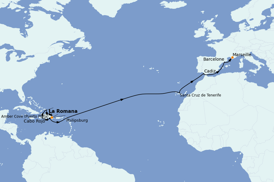 Itinéraire de la croisière Îles Canaries, Maroc, Açores, Portugal 21 jours à bord du Costa Pacifica