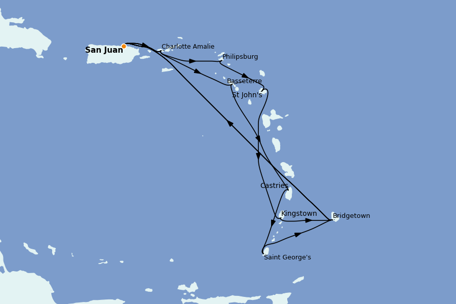 Itinéraire de la croisière Caraïbes de l'Est (Antilles) 14 jours à bord du Grand Princess