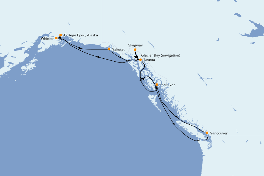 Itinéraire de la croisière Alaska, Canada et Glacières 14 jours à bord du Grand Princess