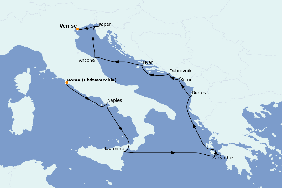 Itinéraire de la croisière Îles Grecques, Adriatique et Turquie - Méditerranée Orientale 10 jours à bord du Nautica