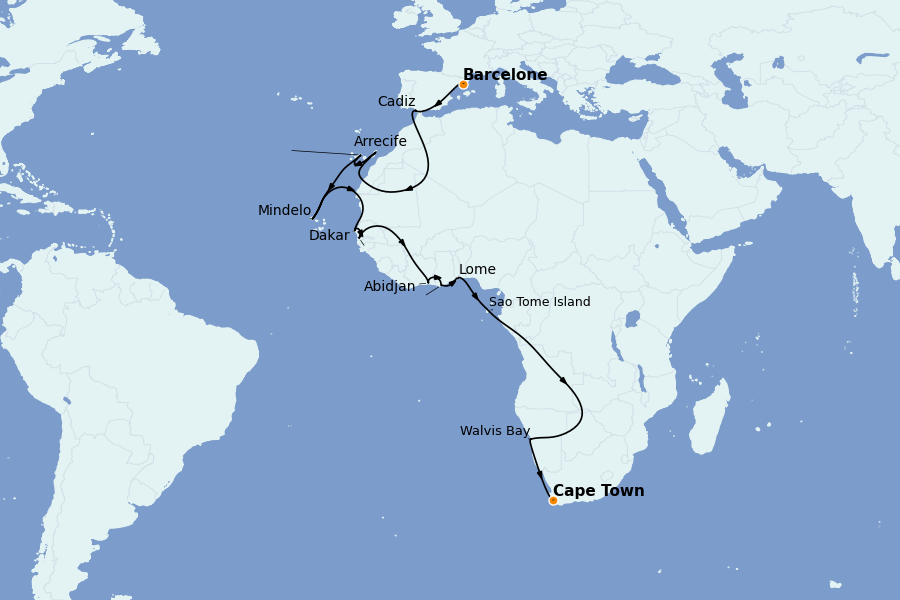 Itinéraire de la croisière Méditerranée Occidentale 25 jours à bord du Seven Seas Voyager
