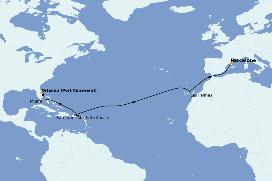 Itinéraire de la croisière TRANSATLANTIQUES ET GRANDS VOYAGES 15 jours à bord du MSC Grandiosa