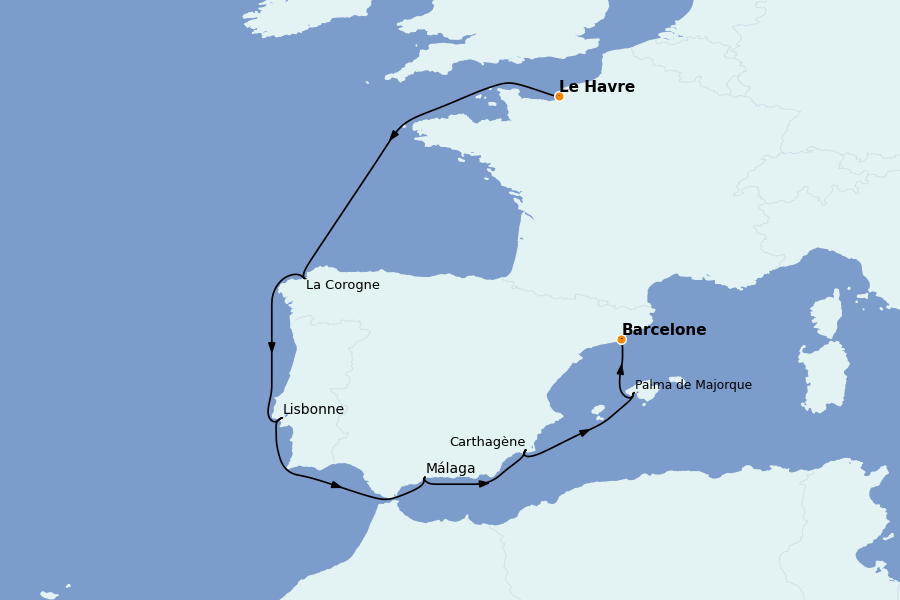 Itinéraire de la croisière Îles Canaries, Maroc, Açores, Portugal 9 jours à bord du Seven Seas Voyager