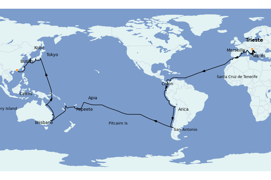 Itinéraire de la croisière TOUR DU MONDE 88 jours à bord du Costa Deliziosa