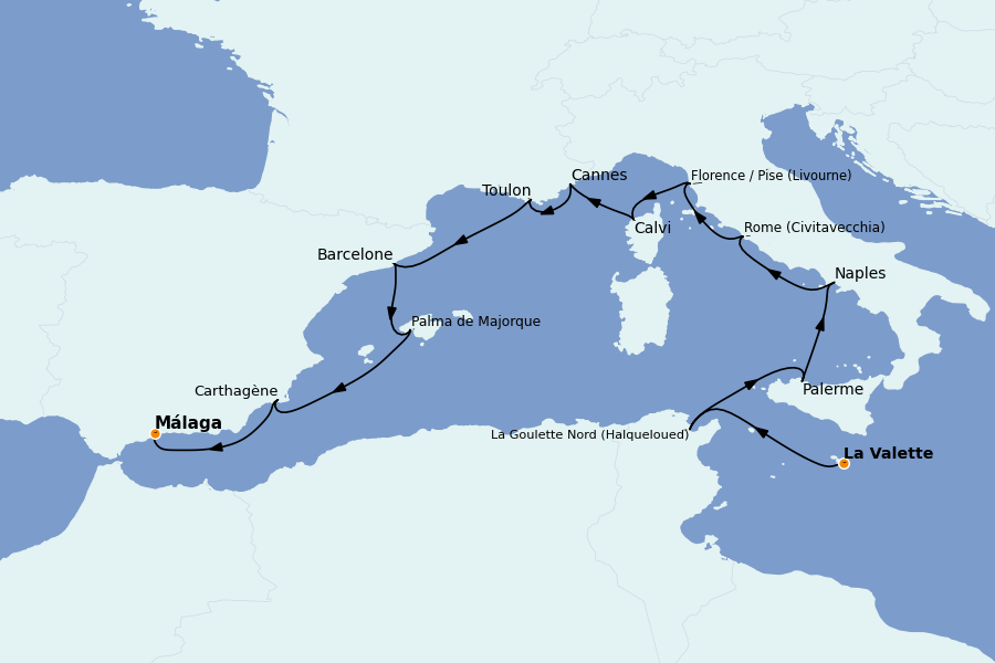 Itinéraire de la croisière Méditerranée Occidentale 12 jours à bord du Nautica