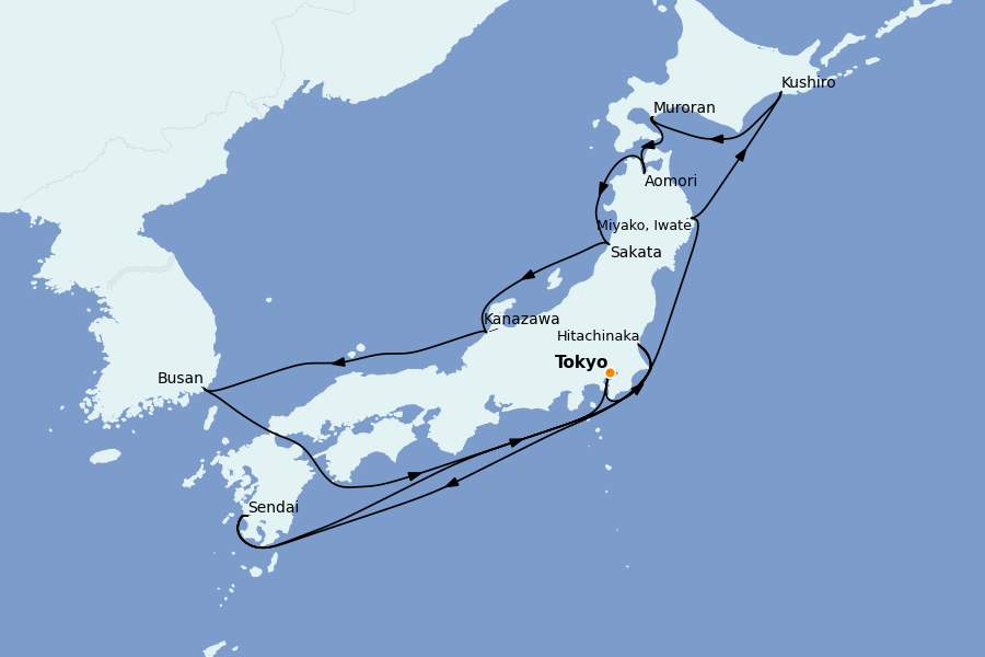 Itinéraire de la croisière Chine, Japon, Hong Kong, Taïwan, Corée du Sud 12 jours à bord du Regatta