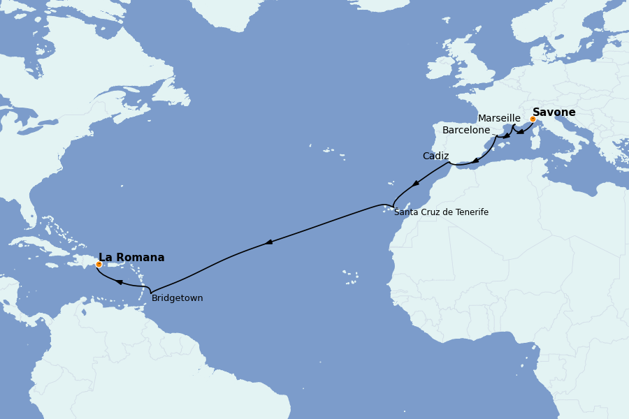 Itinéraire de la croisière Transatlantiques et Grands Voyages 2025 15 jours à bord du Costa Pacifica