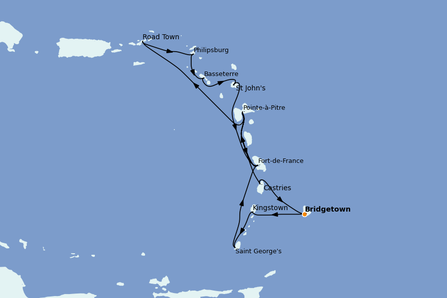 Itinéraire de la croisière Caraïbes de l'Est (Antilles) 14 jours à bord du MSC Virtuosa