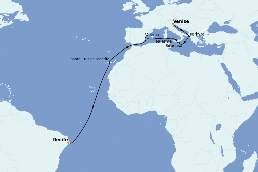 Itinéraire de la croisière TRANSATLANTIQUES ET GRANDS VOYAGES 16 jours à bord du MSC Lirica
