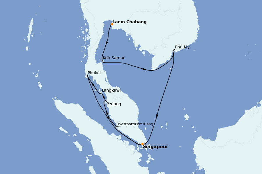Itinéraire de la croisière Thaïlande, (Bali) Indonésie, Malaisie, Singapour, Vietnam, Birmanie, Philippines 11 jours à bord du Norwegian Sun