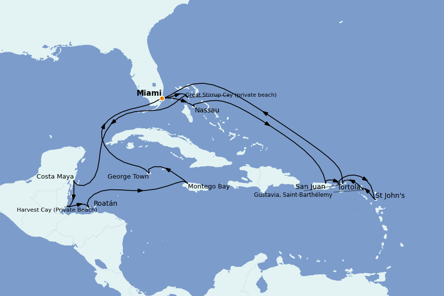Itinéraire de la croisière Caraïbes de l'Est (Antilles) 20 jours à bord du Seven Seas Mariner