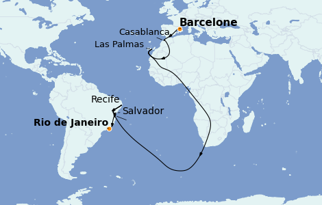Itinéraire de la croisière Transatlantiques et Grands Voyages 2022 14 jours à bord du Costa Fortuna