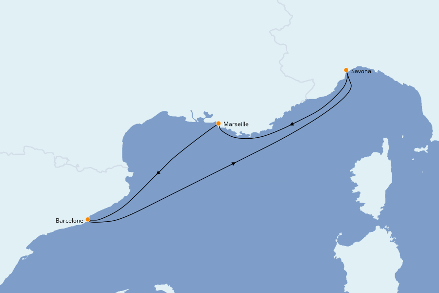 Itinéraire de la croisière Méditerranée Occidentale 3 jours à bord du Costa Favolosa