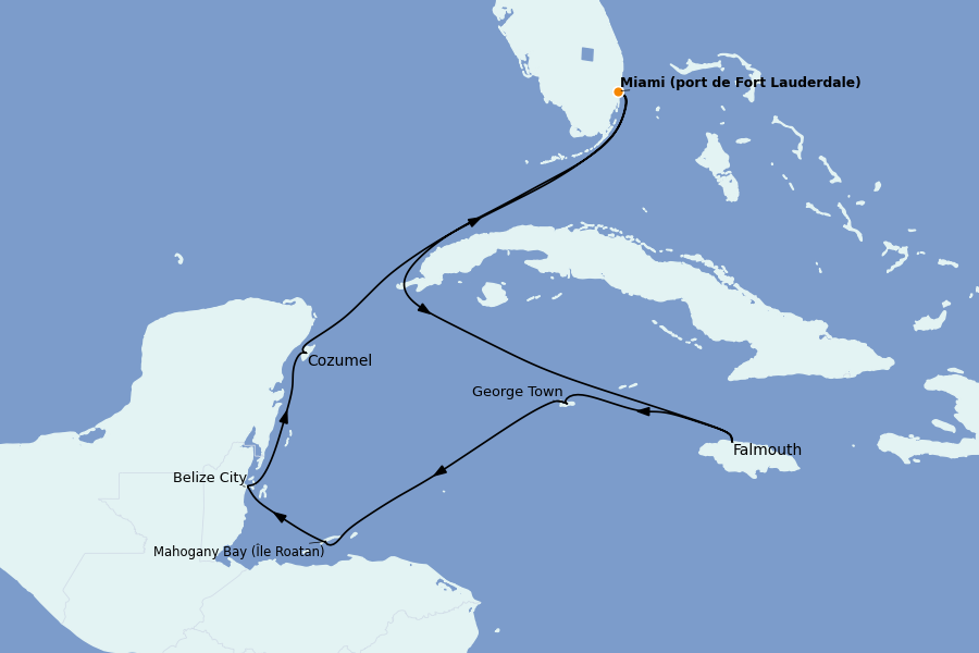 Itinéraire de la croisière Caraïbes de l'Ouest 10 jours à bord du Ms Rotterdam