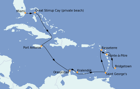 Itinéraire de la croisière Caraïbes de l'Est 12 jours à bord du Sirena