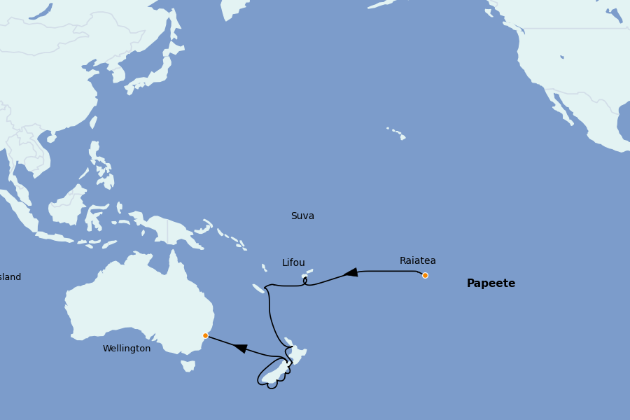 Itinéraire de la croisière Tahiti, Bora Bora, Cook Islands, Nouvelle-Calédonie, Fidji, Vanuatu, Samoa, Salomon 30 jours à bord du Seabourn Sojourn
