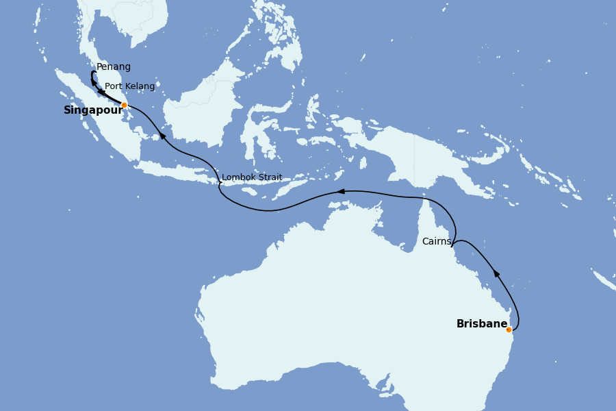Itinéraire de la croisière Thaïlande, (Bali) Indonésie, Malaisie, Singapour, Vietnam, Birmanie, Philippines 16 jours à bord du Crown Princess