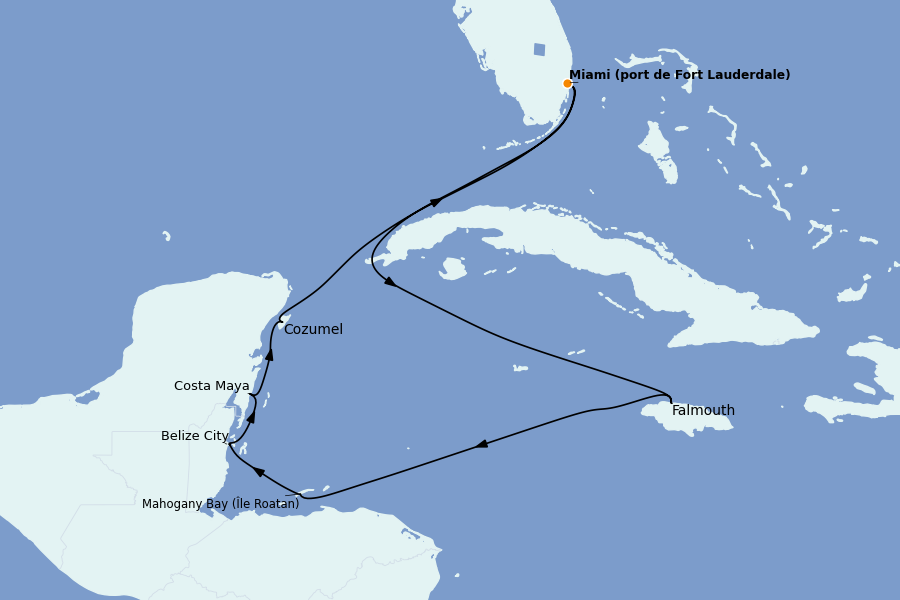 Itinéraire de la croisière Caraïbes de l'Ouest 10 jours à bord du Ms Rotterdam