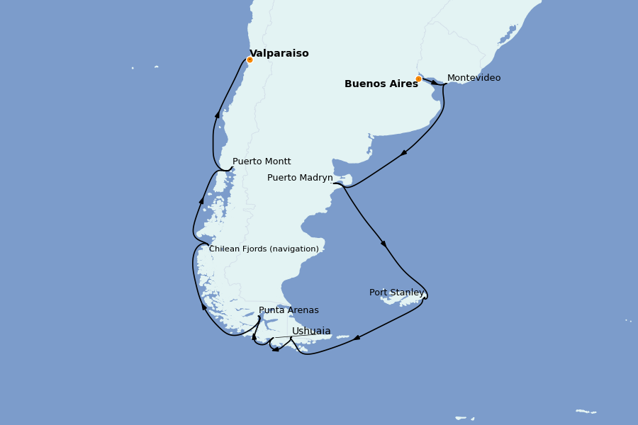 Itinéraire de la croisière Chili et Fjords Chiliens 18 jours à bord du Silver Whisper