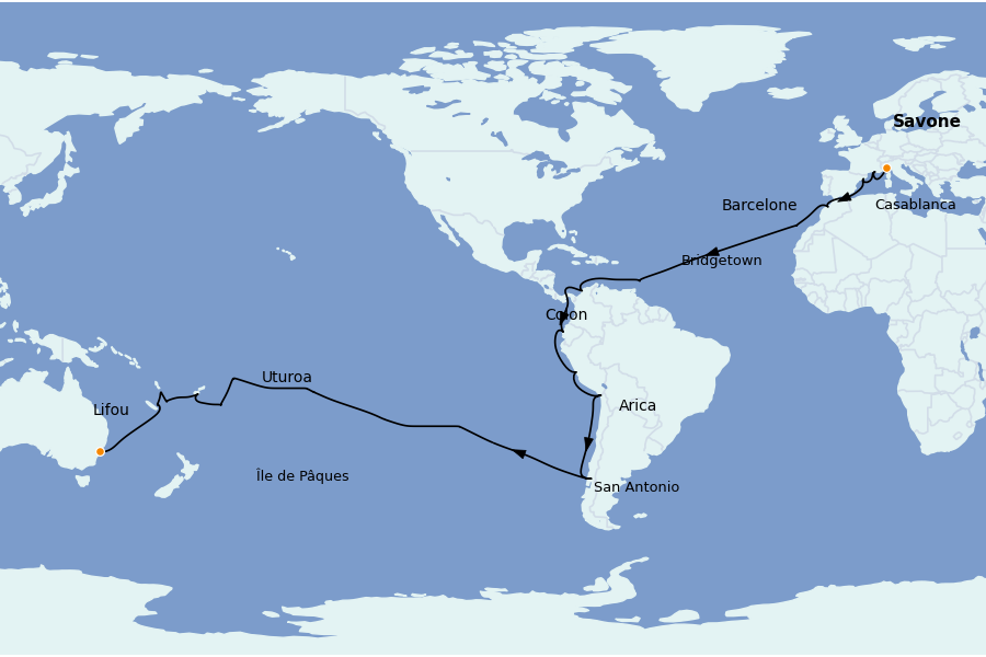 Itinéraire de la croisière TOUR DU MONDE 58 jours à bord du Costa Deliziosa