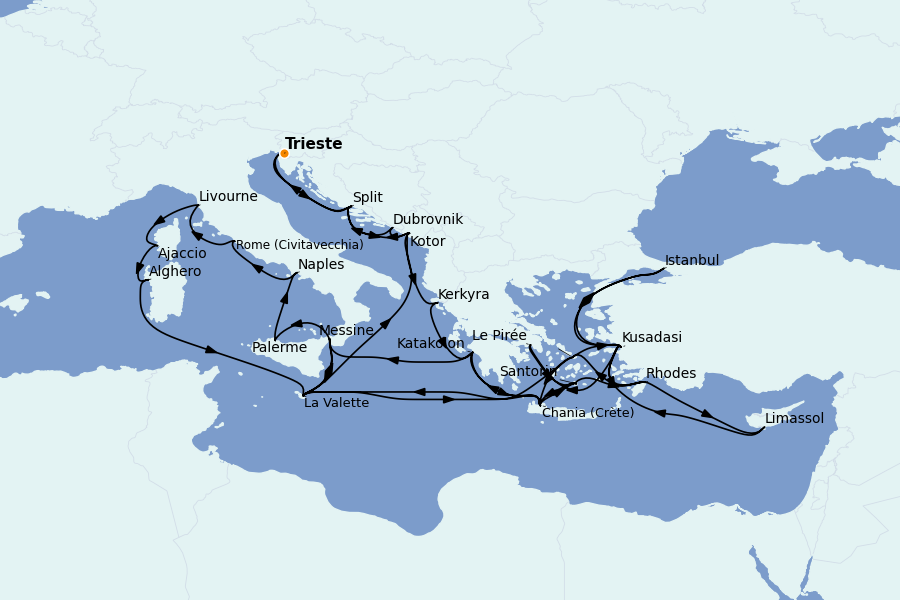 Itinéraire de la croisière Méditerranée Occidentale 42 jours à bord du Enchanted Princess