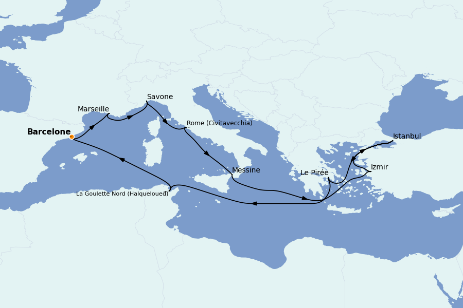 Itinéraire de la croisière Méditerranée Occidentale 14 jours à bord du Costa Fortuna