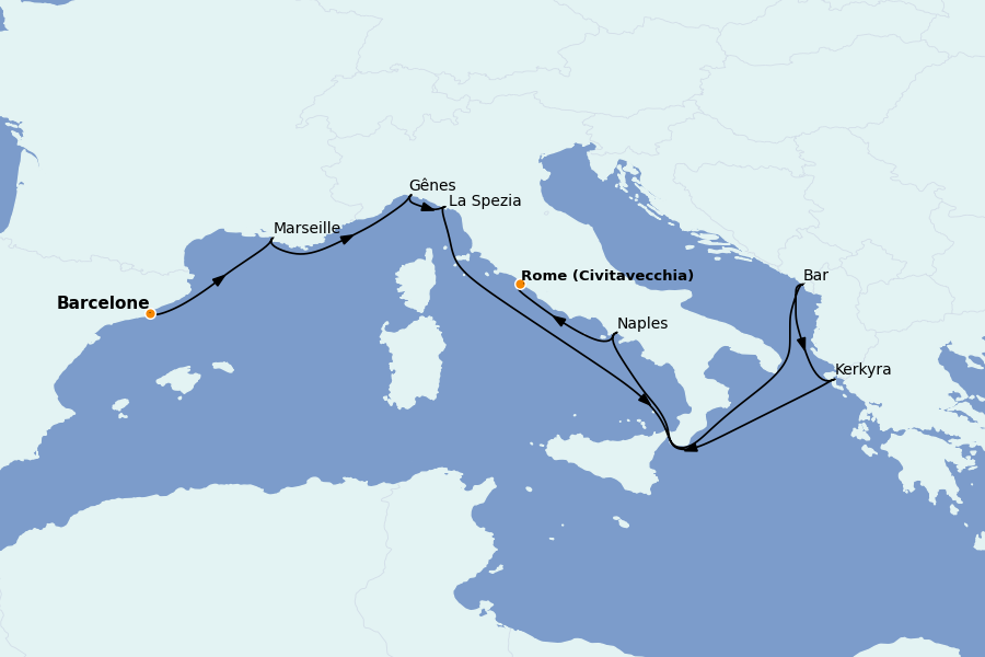 Itinéraire de la croisière Méditerranée Occidentale 10 jours à bord du Sun Princess