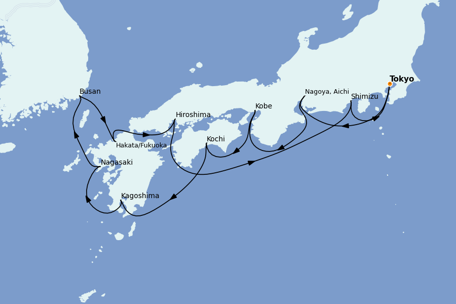 Itinéraire de la croisière Chine, Japon, Hong Kong, Taïwan, Corée du Sud 11 jours à bord du Nautica