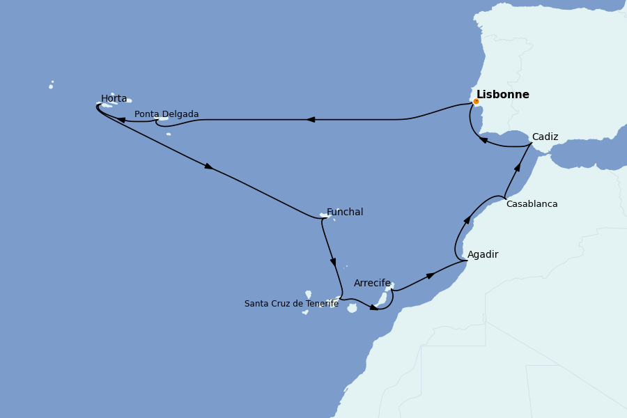 Itinéraire de la croisière Îles Canaries, Maroc, Açores, Portugal 11 jours à bord du Norwegian Sky