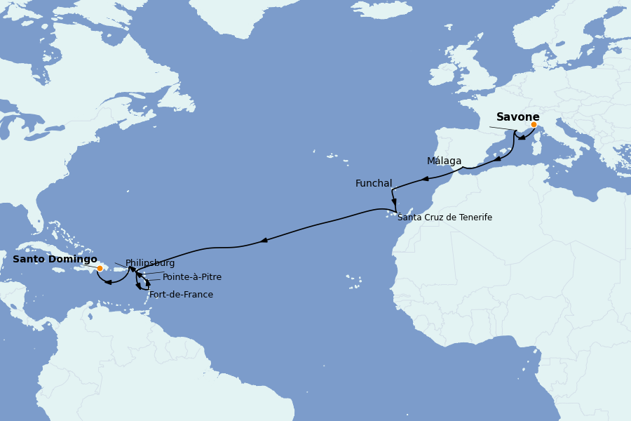 Itinerario del crucero TRASATLÁNTICOS 18 días a bordo del Costa Fascinosa