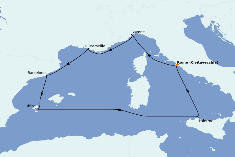 Itinéraire de la croisière Méditerranée Occidentale 7 jours à bord du Costa Smeralda