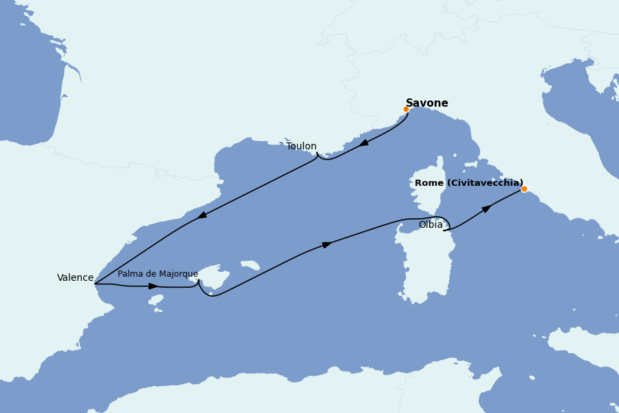 Itinéraire de la croisière Méditerranée 6 jours à bord du Costa Pacifica