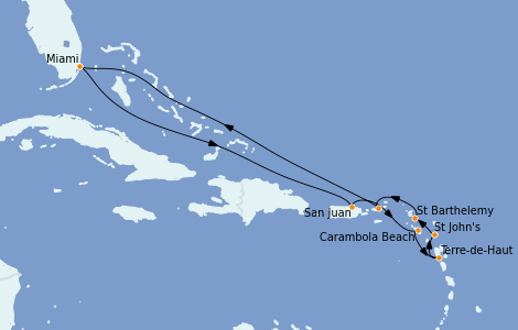 Itinéraire de la croisière Caraïbes de l'Est 11 jours à bord du Seabourn Sojourn