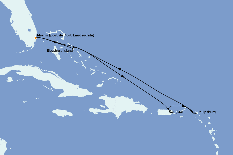 Itinéraire de la croisière Caraïbes de l'Est (Antilles) 7 jours à bord du Regal Princess