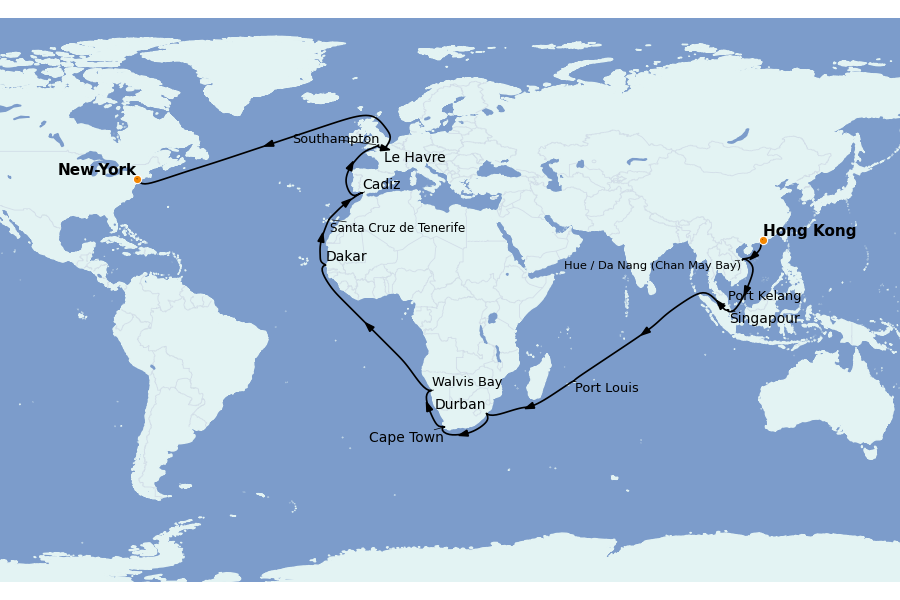 Itinerario del crucero Mediterráneo Occidental 47 días a bordo del Queen Mary 2