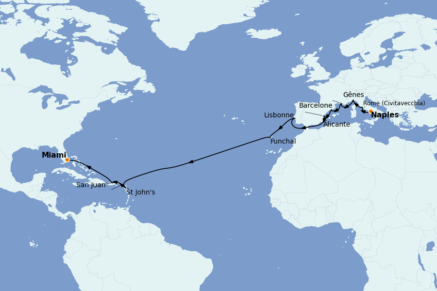 Itinéraire de la croisière TRANSATLANTIQUES ET GRANDS VOYAGES 21 jours à bord du MSC Divina