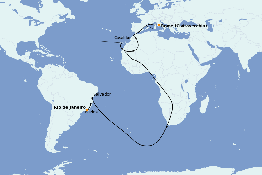 Itinéraire de la croisière TRANSATLANTIQUES ET GRANDS VOYAGES 16 jours à bord du MSC Armonia
