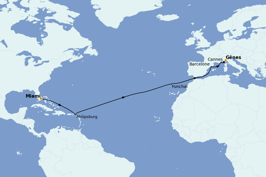 Itinéraire de la croisière TRANSATLANTIQUES ET GRANDS VOYAGES 15 jours à bord du MSC Grandiosa