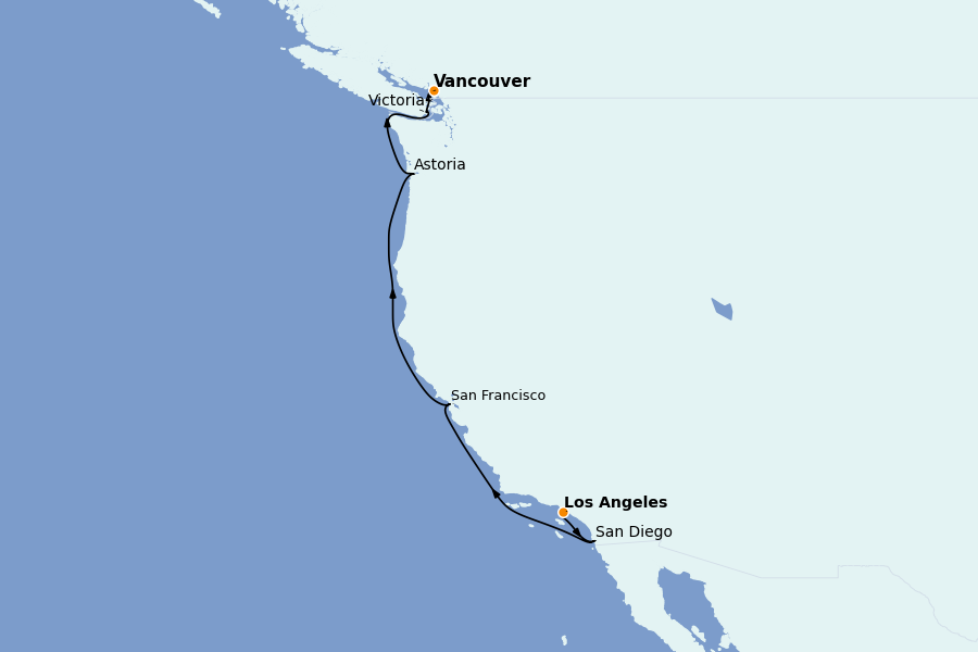 Itinéraire de la croisière Californie 7 jours à bord du Sapphire Princess