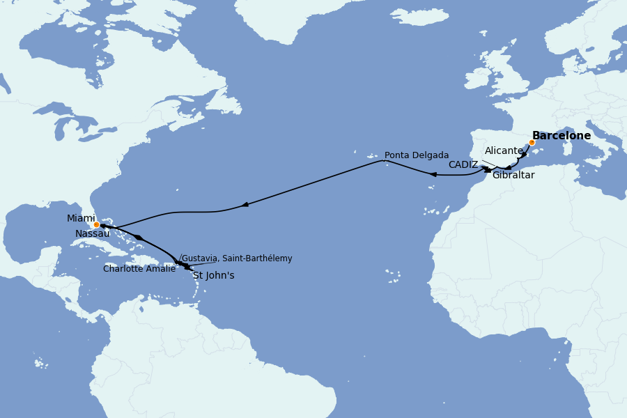 Itinéraire de la croisière Méditerranée Occidentale 25 jours à bord du Nautica