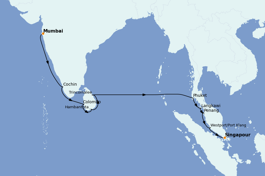 Itinéraire de la croisière Maldives, Sri Lanka 18 jours à bord du Silver Muse
