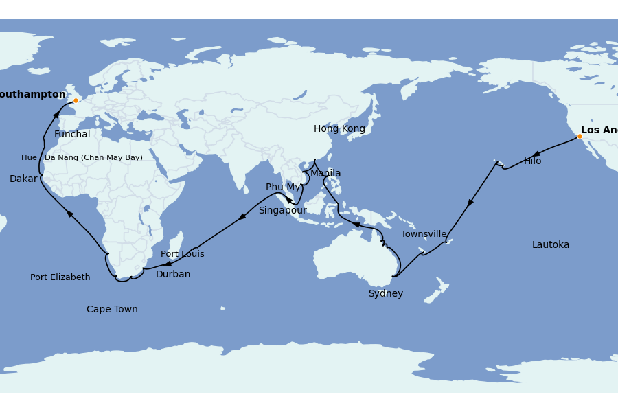 Itinerario del crucero Mediterráneo Occidental 84 días a bordo del Queen Victoria