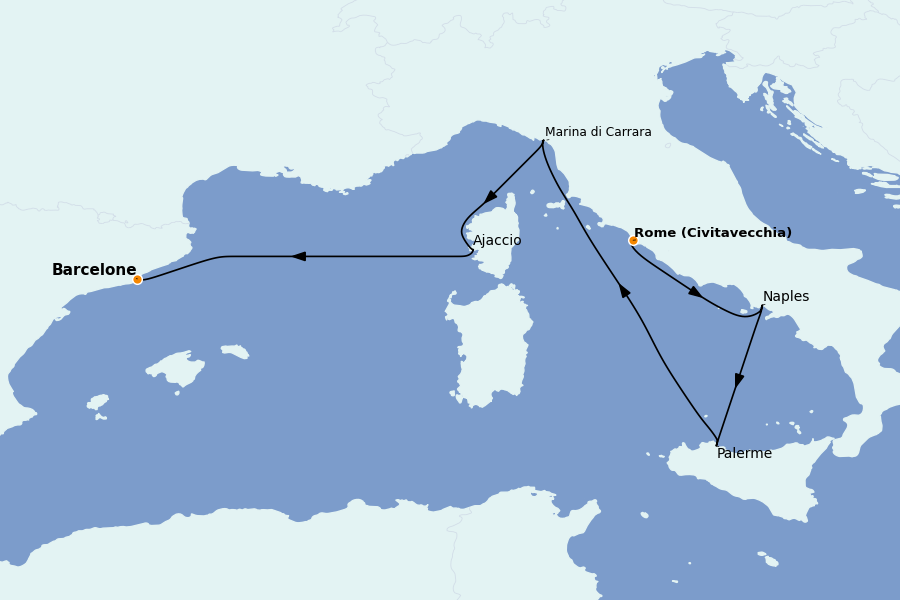 Itinéraire de la croisière Méditerranée Occidentale 7 jours à bord du Scarlet Lady