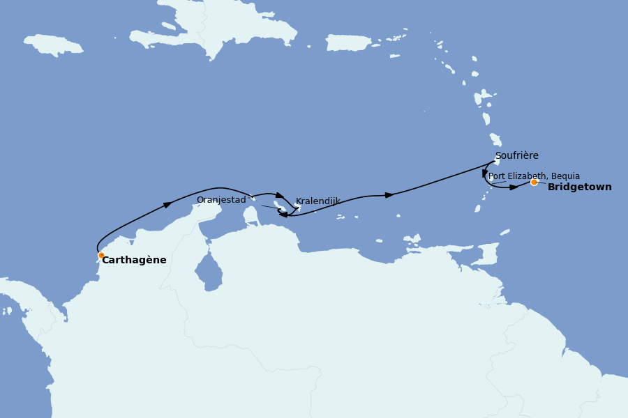 Itinéraire de la croisière Caraïbes de l'Est 9 jours à bord du Silver Shadow