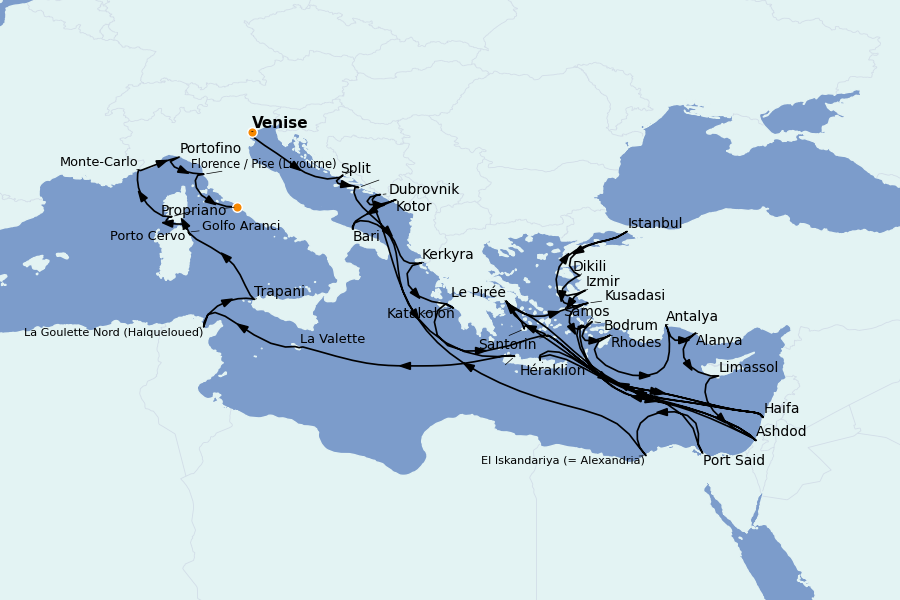 Itinéraire de la croisière Méditerranée Occidentale 36 jours à bord du Nautica