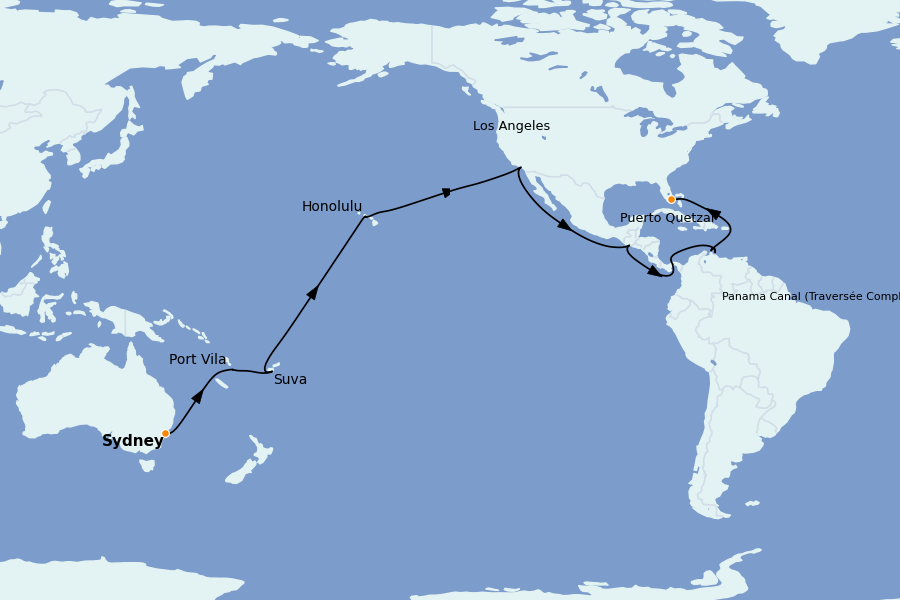 Itinéraire de la croisière Hawaii 33 jours à bord du Queen Anne