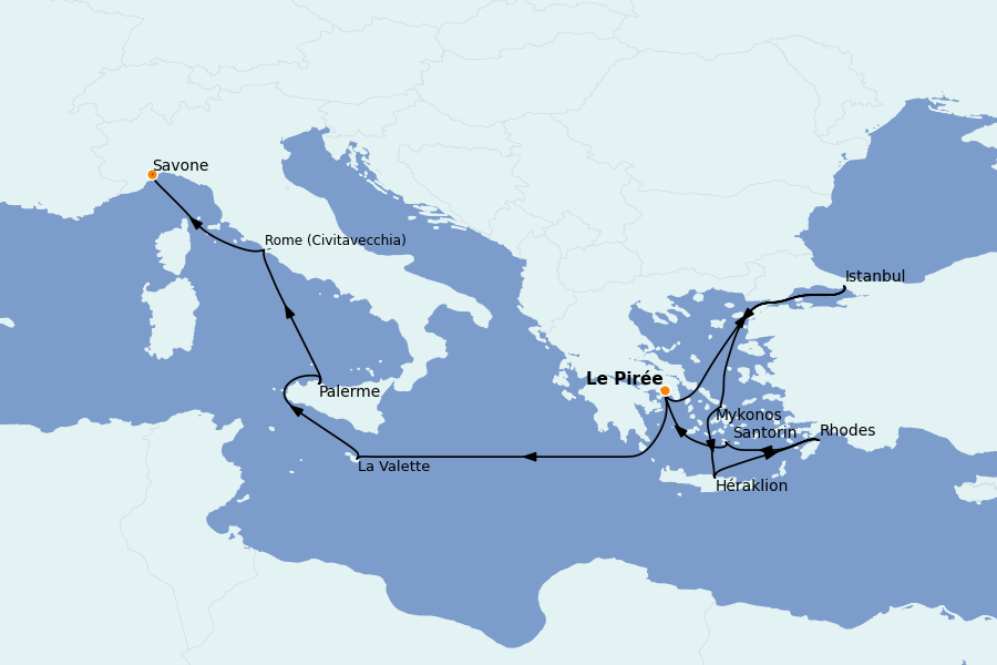 Itinerario del crucero Mediterráneo Occidental 12 días a bordo del Costa Fortuna
